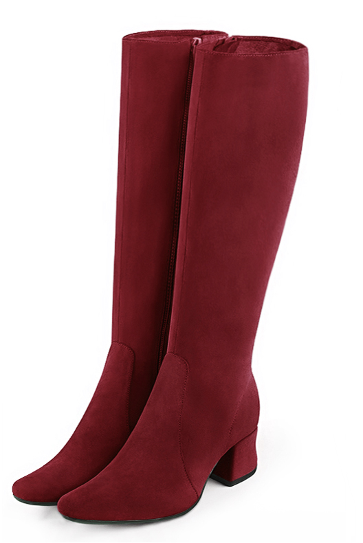 Burgundy red women's feminine knee-high boots. Round toe. Low flare heels. Made to measure. Front view - Florence KOOIJMAN